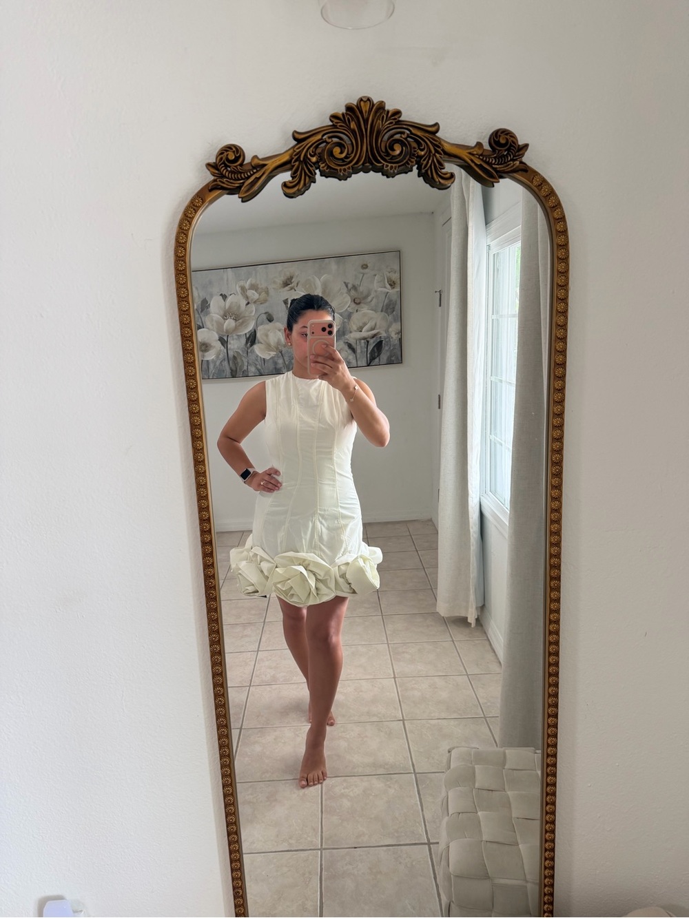 Karen Millen Cream Pearl Rosette Hem Mini Dress - Picture 2 of 3